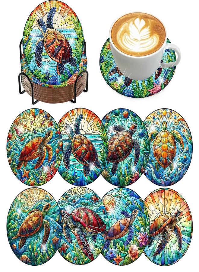 croshom 8 Pieces Diamond Art Painting Coasters Kit, Sea Turtle Diamond Art Coaster, DIY Diamonds Craft Kits for Adults and Beginners (Turtle Style) - Image 1